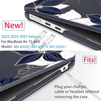 Mektron for 2026/2025/2024/2023 MacBook Air 15 INCH M5 A3448 /M4 A3241 /M3 A3114 /M2 A2941 Case, Printed Plastic Hard Shell Cover with 15.3" Liquid Retina Display Touch ID, Gold line Lily - color: Gold line lily
