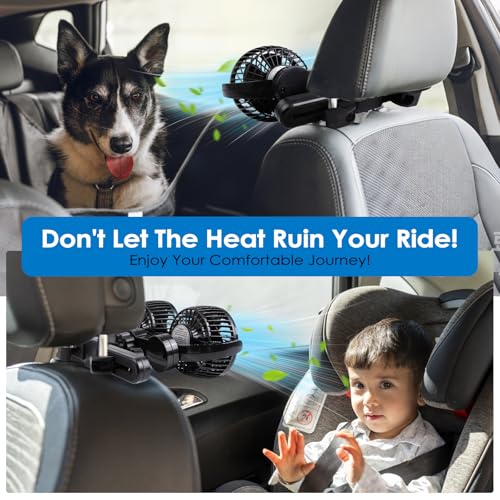 XOOL Electric Car Fans for Rear Seat Passenger Portable Fans Headrest 360 Degree Rotatable Backseat Car Fan 12V Cooling Air Fan with Stepless Speed Regulation for Vehicles, SUV, RV - size: Cigarette Dual Fan - Back