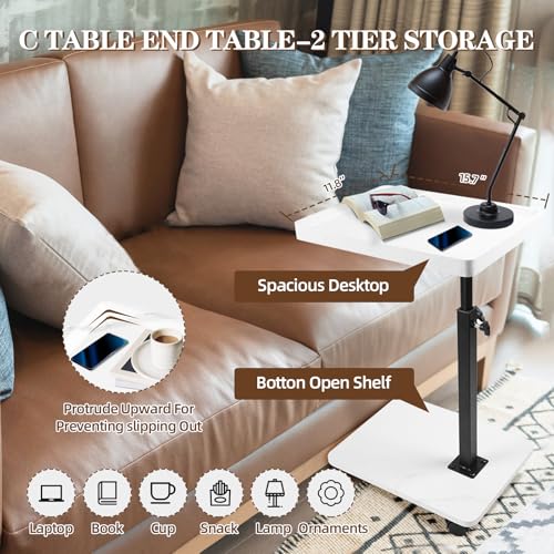 C Table Side Table End Table Adjustable Height，C Shaped End for Couch，Snack Tables,360°Swivel TV Tray Sofa Table， For Small Spaces，Side Tables living room and bedroom for Sofa, Bed,Chair(White) - color: White