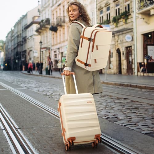 UKEIN Luggage Set with Backpack,Hardshell Carry On Luggage Airline Approved | 20inch Suitcase Set with 360° Smooth Spinner Wheels,TSA Lock,YKK Zippers,Lightweight 3 Piece,Polycarbonate - color: Beige, size: Carry On 3 Piece Set (20inch)