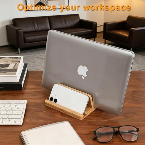 Vertical Laptop Stand for Desk Dual Slot 1.4-2in Width Adjustable Dock for MacBook Pro and Other Laptops,Bamboo Stand for Desk,MacBook Air Pro/Dell XPS/Surface pro/HP/Pixelbook/Lenovo,More Laptops