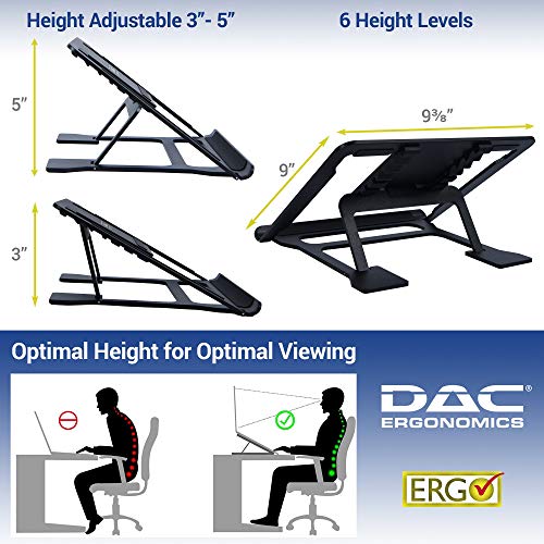 DAC Portable Laptop Stand with 6 Height Levels, Height Adjustable Foldable Aluminum Laptop Riser, Non-Skid Notebook Computer and Tablet Stand for Desk, Black, Fits Any MacBook or Laptop up to 16"