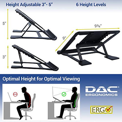 DAC Portable Laptop Stand with 6 Height Levels, Height Adjustable Foldable Aluminum Laptop Riser, Non-Skid Notebook Computer and Tablet Stand for Desk, Black, Fits Any MacBook or Laptop up to 16"