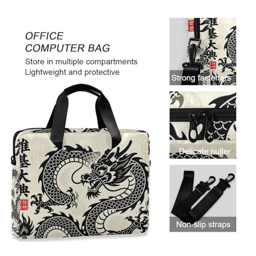 Laptop Zipper Case Portable Crossbody Messenger with Handle and Shoulder Strap 15.6 inch Case Hard Cover with Zipper Japanese Black Dragon