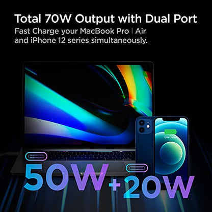 Spigen 70W Dual USB-C Wall Charger, GaN II | Fast Charging 60W Single Port PD, for MacBook Pro/Air, iPad, Dell XPS, iPhone - White