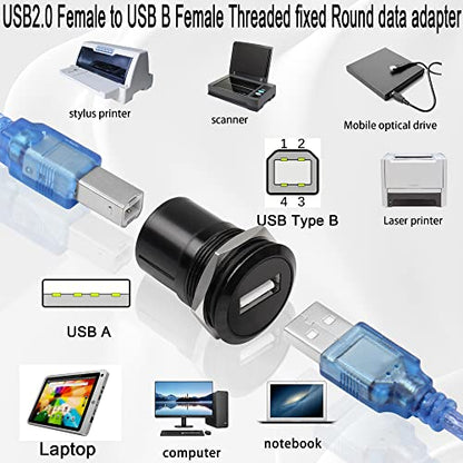 QIANRENON USB2.0 to USB B Threaded Fixed Printer Adapter USB2.0 Female to USB Type B Female Panel Mount Round Connector for PC Printer Scanner Laptop
