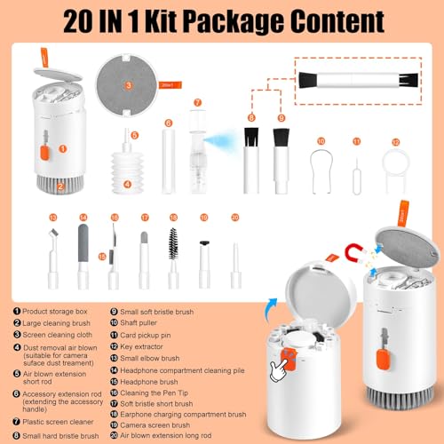20-in-1 Laptop Phone Screen Earbud Cleaning Kit, Keyboard Cleaner Kit, Keyboard Cleaning Kit with Electronic Cleaning Brush Spray for Airpods Pro, iPad, iPhone Pro, Camera, Computer Cleaning - color: WHITE
