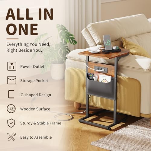 C Shaped End Table with Charging Station, Small Side Table for Couch, C Table Slides Under Sofa with Storage Bag, TV Tray Table for Recliner, Living Room, Bedside, Bedroom, Small Spaces, Rustic Brown - color: Charging Station Rustic Brown