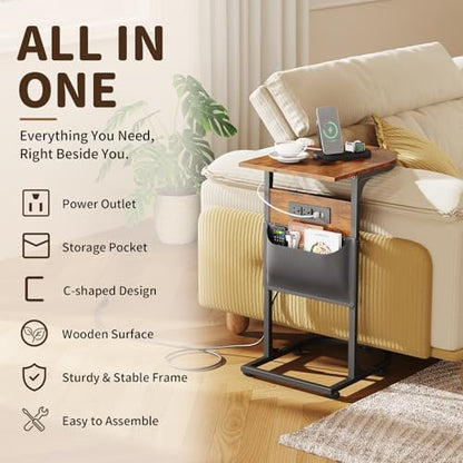 C Shaped End Table with Charging Station, Small Side Table for Couch, C Table Slides Under Sofa with Storage Bag, TV Tray Table for Recliner, Living Room, Bedside, Bedroom, Small Spaces, Rustic Brown - color: Charging Station Rustic Brown