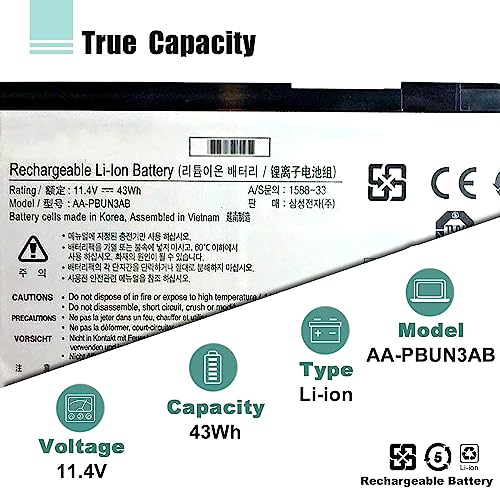 AA-PBUN3AB AA-PBUN3QB Laptop Battery Replacement for Samsung 5 NP550XTA-K0 NP550XTA-K01US NP530E5M NP740U NP740U3L NP740U5L NP730QAA Odyssey NP800G5M Series 11.4V 43Wh - size: 10.47*3.34*0.31inch AA-PBUN3AB
