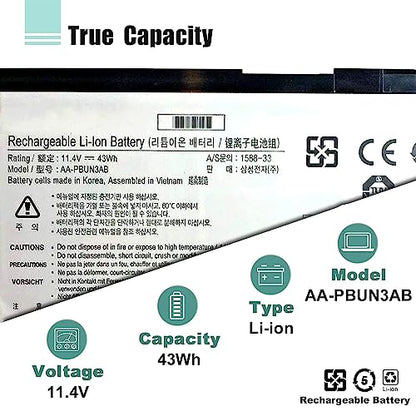 AA-PBUN3AB AA-PBUN3QB Laptop Battery Replacement for Samsung 5 NP550XTA-K0 NP550XTA-K01US NP530E5M NP740U NP740U3L NP740U5L NP730QAA Odyssey NP800G5M Series 11.4V 43Wh - size: 10.47*3.34*0.31inch AA-PBUN3AB