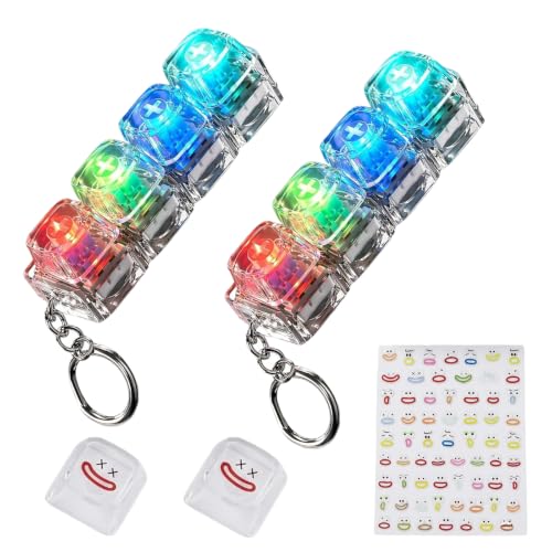 Keyboard Fidget Keychain, LED Clicker Fidget Toy, Sensory Stress Relief,2-Pack 4-Key Mechanical Switches, Crystal Rounded Keycaps, Adjustable LED Glow, DIY Stickers & Spare Keycaps Included