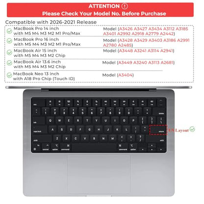 EooCoo Premium Keyboard Cover Skin Protector, Laptop Accessories Compatible with 2026 2025 2024 2023 2022 2021 M5-M1 Pro/Max MacBook Pro 14/16, M5-M2 MacBook Air 13/15, 2026 Mac Neo 13, Silicone Black - color: Black