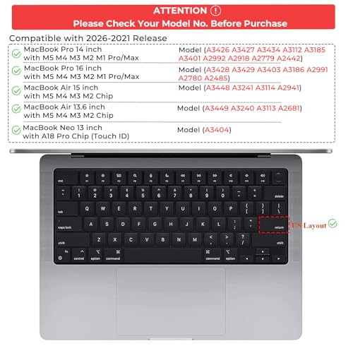 EooCoo Keyboard Cover Skin for MacBook Neo, Pro 14/16, Air 13/15, Black | Silicone, Anti Fingerprints & Dust, for 2026-2021 M5-M1 Pro/Max MacBook Pro 14/16, M5-M2 MacBook Air 13/15, MacBook Neo 13 - color: Black