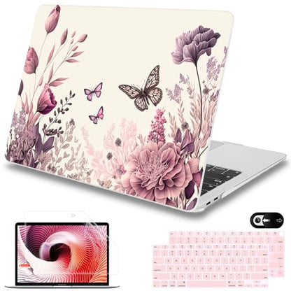 Mektron Case for MacBook Air 13 inch M1 A2337 A2179 A1932,Hard Cover 2018-2021 Air 13-inch with Touch bar, Exclusively Designed Protective Shell with Screen Protector, Butterfly Flower C074 - color: Butterfly Flower C074