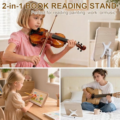 2 in 1 Dual-use Music Stand & Desktop Book Stand, Adjustable Height 16.5"-51", 100% Solid Wood Laptop Floor Stand Book Holder with Elastic Page Clips for Cookbooks (White with Tray) - color: White With Tray