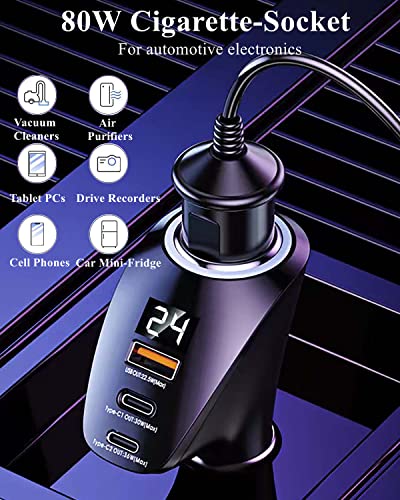 [PD36W&QC22.5W] Car Charger Adapter,5 IN 1 USB Car Charger with Multi Port,[Voltage Display] 12V/24V Car Adapter Compatible with iPhone 15 Pro Max/14/13/12/11/X/XR/XS,Samsung,iPad,Dash Cam etc
