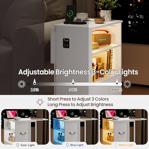 Lareth Rolling Side Table with Wheels, Led Lights & Charging Station | Foldable Desktop Narrow End Table, 1 Drawer, 2 Bookshleves, 27.56"H Tall Nightstand for Small Space, Living Room, White - color: B White
