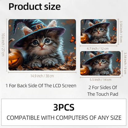 Halloween Witch Cat Universal Laptop Skin Sticker 3PCS, Protective Decal Trim-to-Fit 11.6" 13.3" 14" 15.6" Laptop Vinyl Cover, Removable Anti-Scratch Computer Decal Protector - color: Halloween Witch Cat