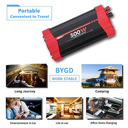 BYGD 500W Power Inverter, Car Charger Adpater DC 12V to AC 110V Car Power Converter 4 USB Quick Charging Ports and Dual AC Outlets Car Charger Adpater with Cigarette Lighter Cable and Battery Clamps - size: 500W