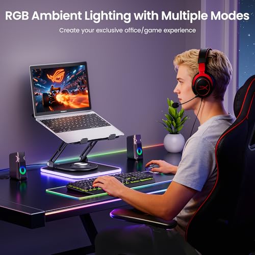 360°Rotating Laptop Stand with RGB Lights, Fits 10-16"Laptops MacBooks | 7-Level RGB Lights, Adjustable Multi-Angle Ergonomic Aluminum Laptop Stand, Foldable & Portable for Home & Office - color: Black