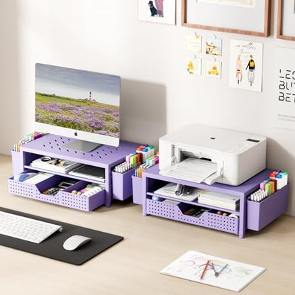 Laptop Stand for Desk Organizer, Computer Monitor Stand Riser with Drawer and 2 Pen Holders, Ventilated Perforated Steel Top, Office Desk Accessories for Home Office Supplies, Purple