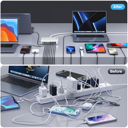 USB C Charger 730W USB C Charger Block,Upgraded GaN V 10-Port Fast Charging Station Hub,3X PD 100W Laptop Charging Adapter Compatible with MacBook Pro/Air,DELL,Steam Deck,iPhone 16/15/14,Galaxy S23 - color: A-White, size: 730W