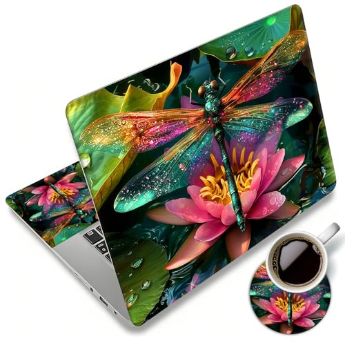 Laptop Skin Sticker Decal 12"-15.6" Universal Laptop/Notebook/Netbook Vinyl - Waterproof Scratch Resistant,Fits HP Dell Lenovo MacBook,2 Free Wrist Pads,Easy Apply & Remove,Dragonfly Lotus - color: Dragonfly Lotus