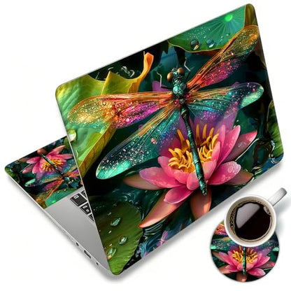 Laptop Skin Sticker Decal 12"-15.6" Universal Laptop/Notebook/Netbook Vinyl - Waterproof Scratch Resistant,Fits HP Dell Lenovo MacBook,2 Free Wrist Pads,Easy Apply & Remove,Dragonfly Lotus - color: Dragonfly Lotus