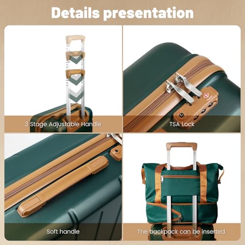 3-Piece Luggage Set with 20” Carry On, PC+ABS Hardside Suitcase with Spinner Wheels & TSA Lock, Easy-Control Rolling Suitcase for Business Trips & Weekend Getaways (Green) - color: Dark Green, size: 3 Piece Set (20/DB/TB)