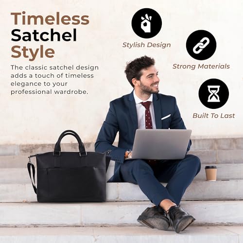Laptop Bag Vegan Leather Messenger Shoulder Bag - 15.6" Laptop Briefcase with Luggage Strap - Cross Body (Black)