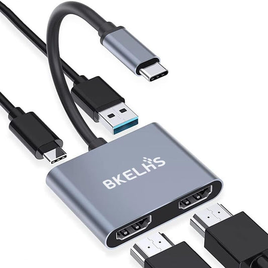 USB C to Dual HDMI Adapter 4K 60Hz, Type C to HDMI Splitter for 2 Monitors, 4 in 1 USB C Hub 2 HDMI, USB 3.0, 100W PD, Two Screen Dongle Extended Display for MacBook Air/Pro Dell XPS HP Windows Laptop