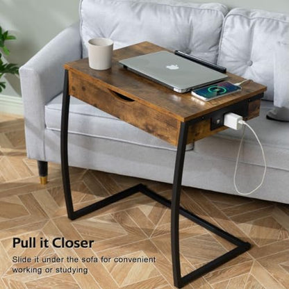 Hadulcet C Shaped End Table with Charging Station, Tiltable 0-52° | TV Tray Table Couch Tables That Slide Under, C Table End Table with Storage, Small Table Couch Desk for Small Spaces, Brown - size: 25.6"