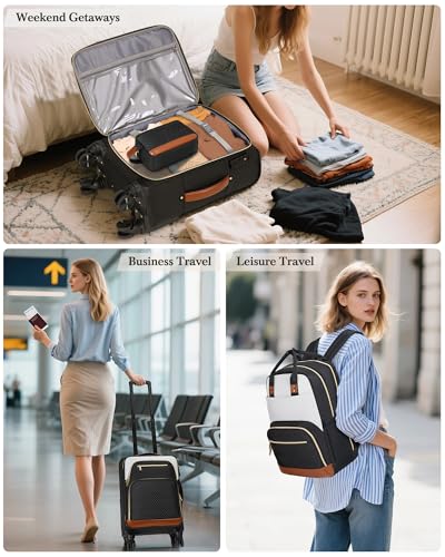 RAINSMORE Carry On Luggage with wheels, Softside Suitcases Set 3 Piece | 22x14x9 Airline Approved, Luggage Sets with Backpack & Toiletry Bag, Rolling Suitcase with TSA Lock, for Travel Weekender - color: Black-White-Brown