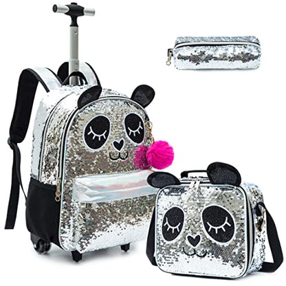 School Kids Rolling Backpack for Girls 3PCS With Trolley Wheeled Backpacks - color: Silver Black
