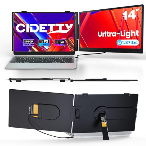 CIDETTY Laptop Screen Extender 0.27" Ultra-Thin, 14" Dual Portable Monitor FHD 1080P IPS, USB-C/HDMI Plug & Play Travel Screen for 13-17" Laptops, Compatible with Wins/Mac/Chrome/Switch/Android - color: Phantom Black