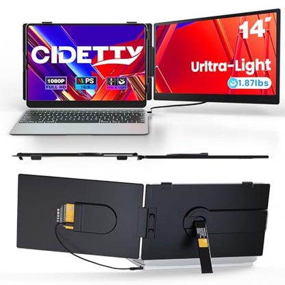 CIDETTY Laptop Screen Extender 0.27" Ultra-Thin, 14" Dual Portable Monitor FHD 1080P IPS, USB-C/HDMI Plug & Play Travel Screen for 13-17" Laptops, Compatible with Wins/Mac/Chrome/Switch/Android - color: Phantom Black