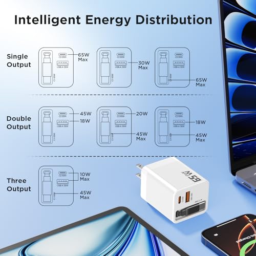 65W GaN USB C Charger with Retractable Charging Cable, 3 in 1 Power Adapter | travel charger for MacBook, iPhone 17 16 15, Samsung Galaxy S24, iPad, multi port compact wall charging block, White - color: White