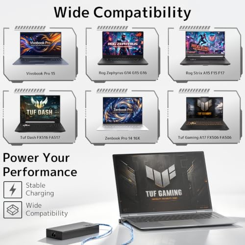 200W Gaming Laptop Charger for Asus ROG Zephyrus Strix Zenbook TUF Dash | AC Adapter Replacement for Asus TUF A15 F15 F17, Strix G17 G513 G713 G731, ADP-200JB D, 20V 10A Round Tip Power Supply Cord
