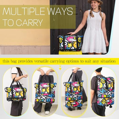 VOOWO Duffel Bag with Wheels - Rolling Foldable Expandable Duffle Bag with Wheels for Travel, Rolling Luggage Carry On Bag with Wheels, Large Rolling Backpack Weekend Bags for Men Women (Black) - color: Graffiti