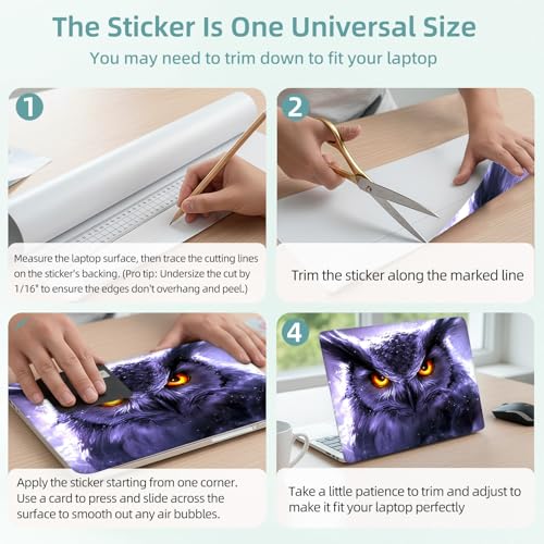 Universal Laptop Skin Decal, 3-Piece Vinyl Protector for 12 13 14 15.6" Notebook, Waterproof Anti-Scratch, Easy Trim & Bubble-Free Finish, Owl with Glowing Eyes - color: Owl with Glowing Eyes