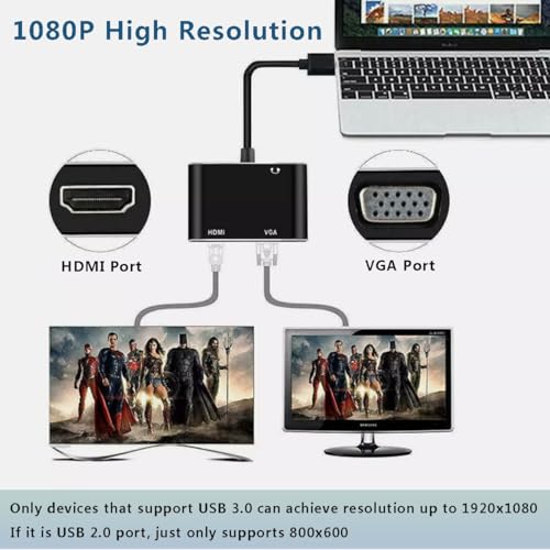 USB to HDMI VGA Adapter with 3.5mm Audio, Multi-Port Converter to HDMI for 2 Monitors, Compatible with Laptop, Dell XPS, HP, Lenovo, ChromeBook, PC, Windows 7-10