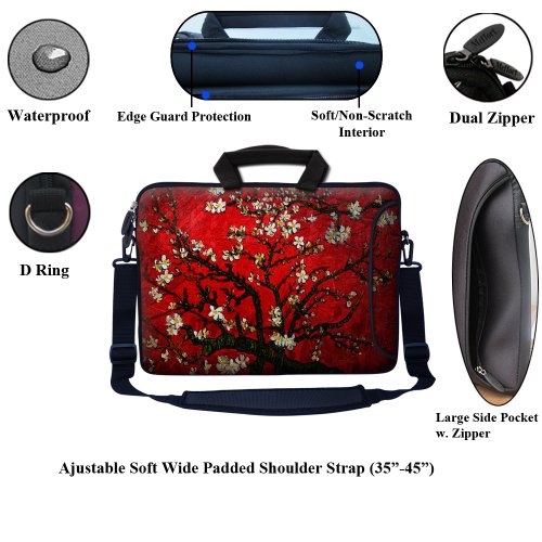 Meffort Inc 15.6 Inch Neoprene Laptop Bag – Water Resistant, Reinforced Zipper, Adjustable Shoulder Strap, Extra Side Pocket, Fits 15 to 15.6 Inch Laptops - Cherry Blossoming - color: Vincent Van Gogh Cherry Blossoming