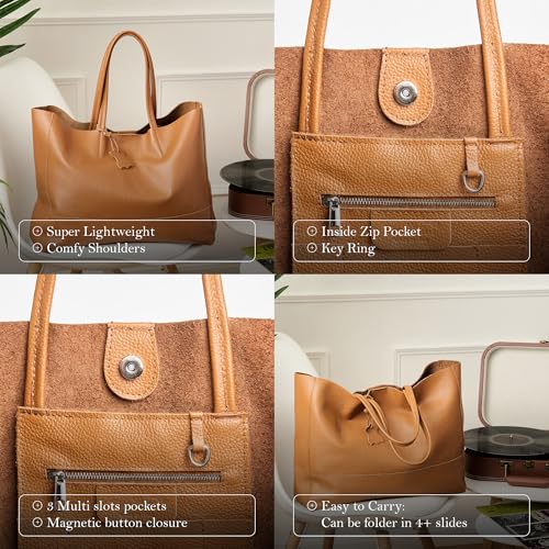 Italian Leather Tote Bag for Women - Large Shoulder Shopper, Fits 16” Laptop, Keychain Holder, Made in Italy - color: Camel Brown