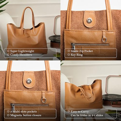 Italian Leather Tote Bag for Women - Large Shoulder Shopper, Fits 16” Laptop, Keychain Holder, Made in Italy - color: Camel Brown