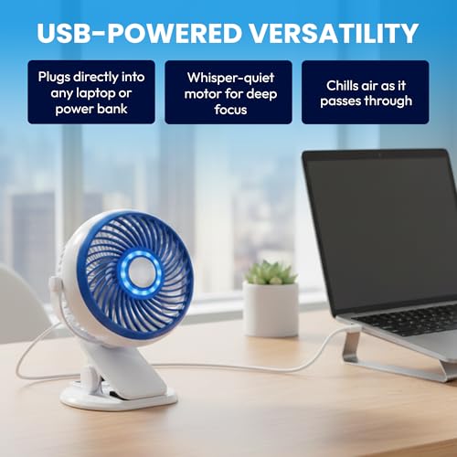 Spark Innovators Go Fan Blue Steel Portable Desk Fan with Cooling Plate, Cordless & Rechargeable – 360° Oscillating with Active Cooling Technology, USB Charging, for Home, Outdoor Camping & Travel