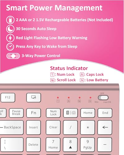 FENIFOX Wireless Silent Keyboard, Ultra Quiet USB C Low Profile Compact Full Size with Number Pad Flat Slim Thin Soft Touch for Mac Computer MacBook iMac PC Laptop Desktop Office (Pink Rose Gold) - color: Pink Rose Gold