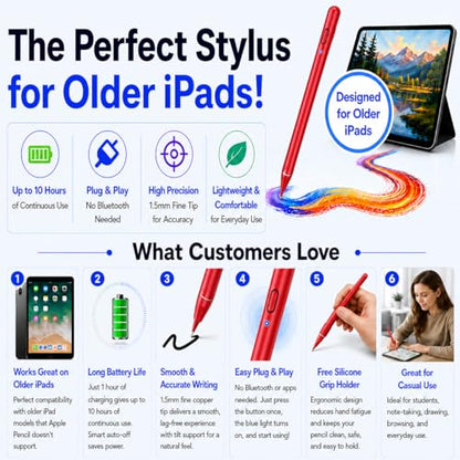 Stylus Pen Pencil 1st Generation Gen Replacement for Apple iPad Pro 1st Gen, iPad 1/2/3/4/5, iPad Mini 1/2/3/4, iPad Air 1/2, Android Tablets, Capacitive Touch Screen + Free Silicone Grip Holder (Red) - color: Red
