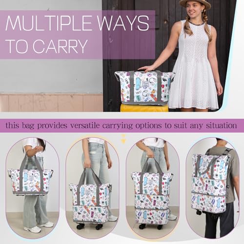 VOOWO Rolling Duffel Bag with Wheels - Foldable Expandable Duffle Bag with Wheels for Travel, Rolling Luggage Bag Carry On Bag with Wheel, Large Rolling Backpack Weekend Bag for Men Women (White) - color: White
