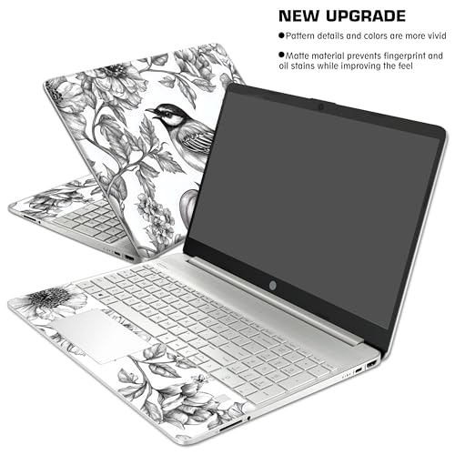 Laptop Skin Decal HP 15.6" - Black White Botanical, Laptop Cover Sticker, No Cutting Required, No Bubble, Waterproof, Scratch Resistant - Including Wide Screen and Wrist Pad - size: 15.6 inch